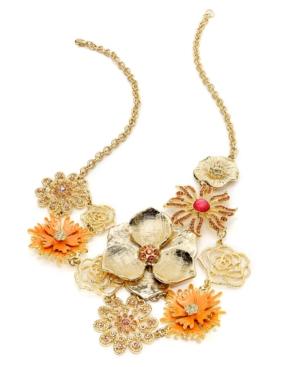Style&co. Necklace, Gold-tone Orange And Pink Flower Bib Necklace