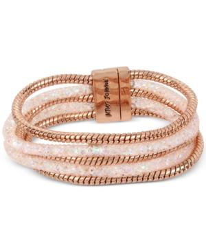 Betsey Johnson Rose Gold-tone Layered Crystal Mesh And Coil Bracelet