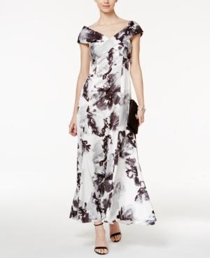 Tahari Asl Floral-print Satin Crisscross Gown