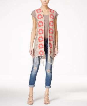 Oh! Mg Juniors' Floral-print Fringe Sweater Vest