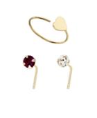 Bodifine 9 Carat Gold Crystal And Heart Accent Nose Studs And Ring
