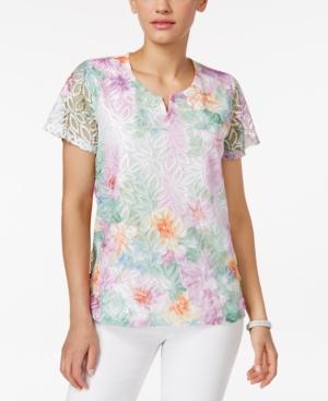 Alfred Dunner Petite Printed Lace Embellished Split-neck Top