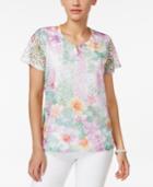Alfred Dunner Petite Printed Lace Embellished Split-neck Top