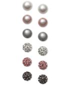 Cultured Freshwater Pearl (8mm) And Pave Crystal Stud Earrings 6-pc. Set In Sterling Silver