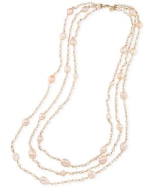 Carolee Gold-tone Imitation Pink Pearl Triple Row Necklace