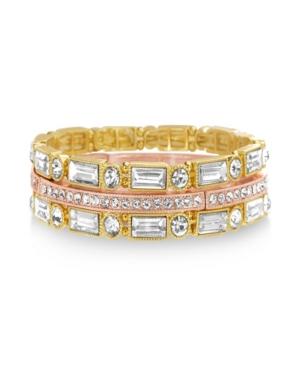 Catherine Malandrino Women's White Baguette And Round Shaped Rhinestone Yellow Gold-tone Trio Stretch Bracelet