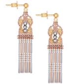 Tri-color Ornate Beaded Drop Earrings In 14k Gold, White Gold & Rose Gold