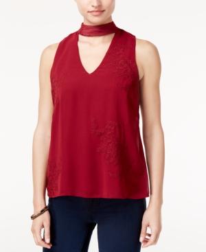 Lily Black Juniors' Embroidered Mock-neck Cutout Tank Top, Created For Macy's