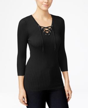 Hooked Up By Iot Juniors' Lace-up Ribbed Sweater