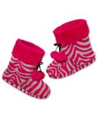 Pj Couture Plush Pink Zebra Slipper Boot With Pom Poms