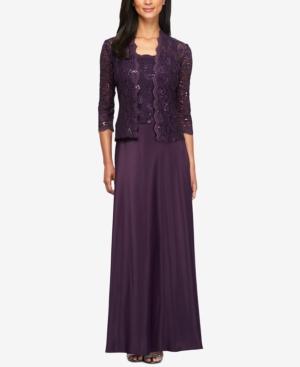 Alex Evenings Sequined Lace & Satin Gown & Jacket