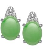 Jadeite (8mm X 10mm) And Diamond Accent Stud Earrings In Sterling Silver