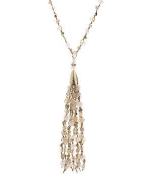 Catherine Malandrino Women's Pink Beaded Rhinestone Yellow Gold-tone Tassel Chain Necklace