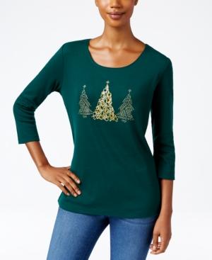Karen Scott Petite Embellished Christmas Trees Graphic Top, Only At Macy's