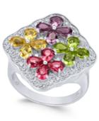 Multicolor Glass & Cubic Zirconia Cluster Ring In Sterling Silver