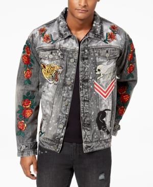 Reason Men's Black Acid Washed Patched Denim Jacket