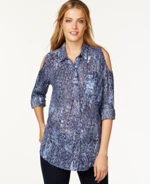 Dkny Jeans Printed Cold-shoulder Shirt