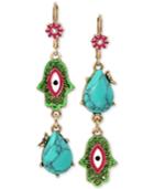 Betsey Johnson Gold-tone Hamsa And Blue Stone Mismatch Double Drop Earrings