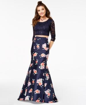 Crystal Doll Juniors' 2-pc. Sequined Lace & Floral-print Gown