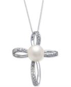 Cultured Freshwater Pearl (8mm) & Diamond (1/8 Ct. T.w.) 18 Pendant Necklace In 14k White Gold