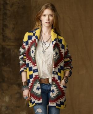 Denim & Supply Ralph Lauren Sweater, Intarsia Three-quarter-sleeve Shawl-collar Tribal-print Cardigan