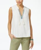 Roxy Juniors' Magic Hour Tassel-trim Embroidered Top