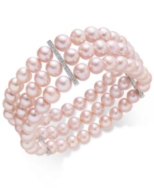 Pink Cultured Freshwater Pearl (7mm) And Cubic Zirconia Three Row Bracelet In Sterling Silver