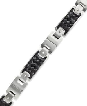 Men's Black Leather And Stainless Steel Link Bracelet
