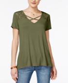 Hippie Rose Juniors' Crisscross Lace Inset T-shirt