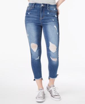 Tinseltown Juniors' Ripped Varsity-stripe Ankle Skinny Jeans