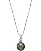 Black Tahitian Pearl (8mm) And Diamond (1/10 Ct. T.w.) Pendant Necklace In 14k White Gold