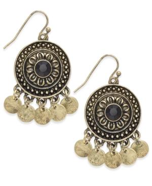Gold-tone Black Stone Circular Drop Earrings