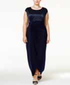 Connected Plus Size Crinkled Metallic Faux-wrap Gown