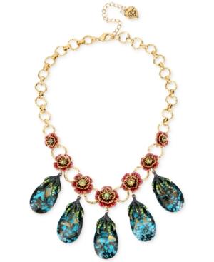 Betsey Johnson Gold-tone Pave Rose And Blue Crystal Statement Necklace