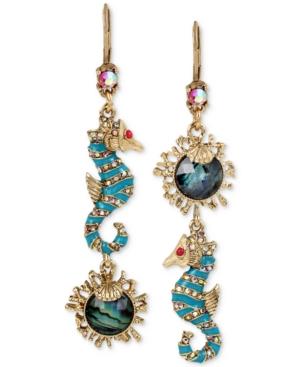 Betsey Johnson Gold-tone Sea Horse And Stone Mismatch Double Drop Earrings