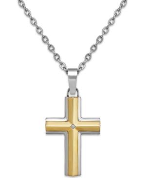 Diamond Accent Cross Pendant Necklace In Stainless Steel And 10k Gold
