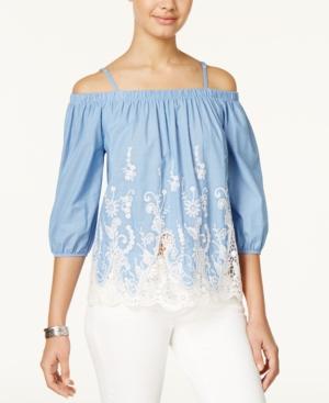 Bcx Juniors' Crochet-trim Off-the-shoulder Chambray Top