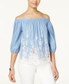 Bcx Juniors' Crochet-trim Off-the-shoulder Chambray Top