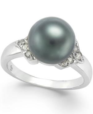 Tahitian Pearl (9mm) And Diamond Ring (1/6 Ct. T.w.) In 14k White Gold
