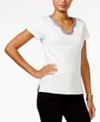 Tommy Hilfiger Embroidered Split-neck Top, Only At Macy's