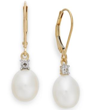 Cultured Freshwater Pearl (8mm) And Diamond Accent Earrings In 14k Gold