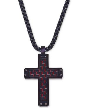Esquire Men's Jewelry Cross Pendant Necklace In Red Carbon Fiber And Black Ip Stainless Steel, First At Macy's