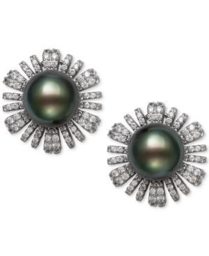 Belle De Mer Cultured Black Tahitian Pearl (9mm) & Cubic Zirconia Flower Stud Earrings In Sterling Silver