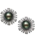 Belle De Mer Cultured Black Tahitian Pearl (9mm) & Cubic Zirconia Flower Stud Earrings In Sterling Silver