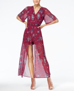 Sequin Hearts Juniors' Printed Crochet-trim Romper With Maxi Overlay