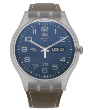 Swatch Watch, Unisex Swiss Daily Friend Brown Leather Strap 41mm Suok701