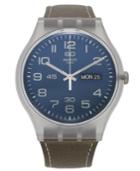 Swatch Watch, Unisex Swiss Daily Friend Brown Leather Strap 41mm Suok701
