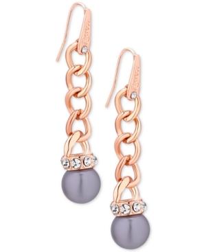 Guess Rose Gold-tone Pave Gray Imitation Pearl Drop Earrings