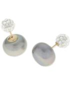 Dyed Gray Cultured Freshwater Pearl (11mm) And Crystal Pave Ball Front And Back Earrings In 14k Gold