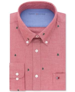 Tommy Hilfiger Men's Slim-fit Comfort Wash Untucked Red Solid Embroidered Dress Shirt